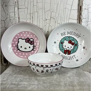 Set Of 3 Sanrio Hello Kitty Ceramic Bowls 2 Christmas Themed Pink And Red